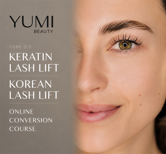 Advertisement for YUMI Beauty's Keratin Lash Lift and Korean Lash Lift services with a close-up of a woman's eye.